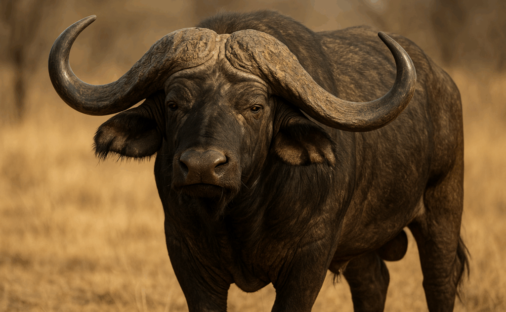 Cape buffalo bull in golden grass