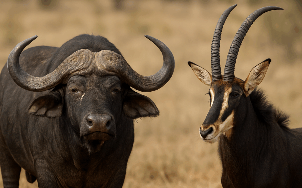 Cape buffalo alongside a sable antelope