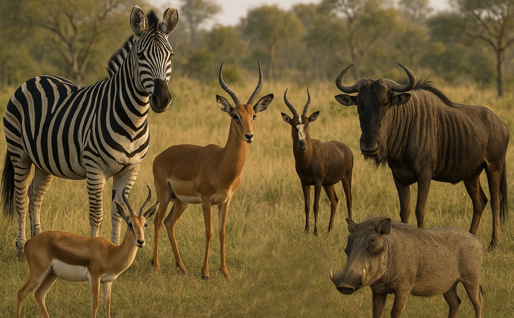 Zebra, impala, blue wildebeest and warthog together on the plains