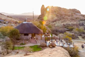 Thatched lodge among granite boulders in the Erongo Mountains, Namibia