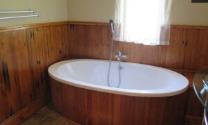 Oval bath in a wood-panelled bathroom