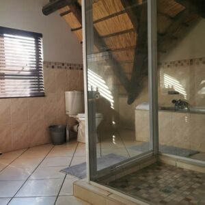 En-suite bathroom with a glass shower under a thatched roof