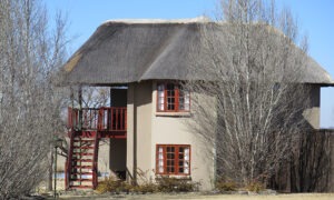 Double-storey thatched guest cottage with an outside staircase