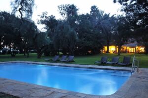 Lodge swimming pool at dusk